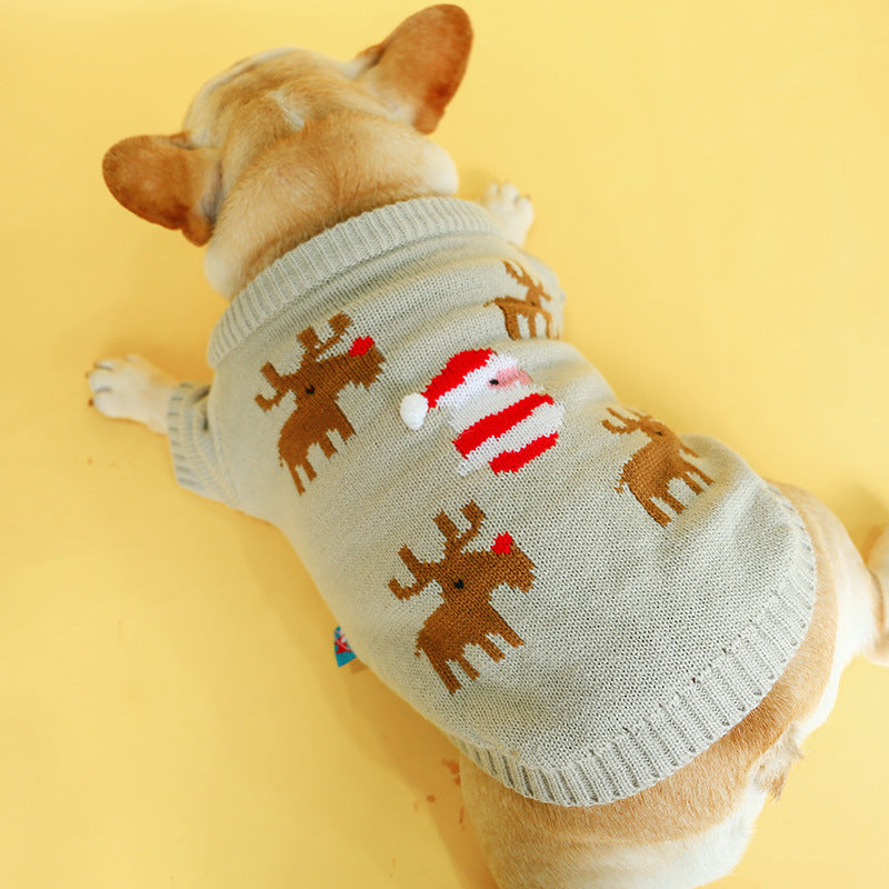 Christmas Reindeer Embroidered Bulldog Dog Sweater - Elegance and Warmth for Your Four-Legged Friend