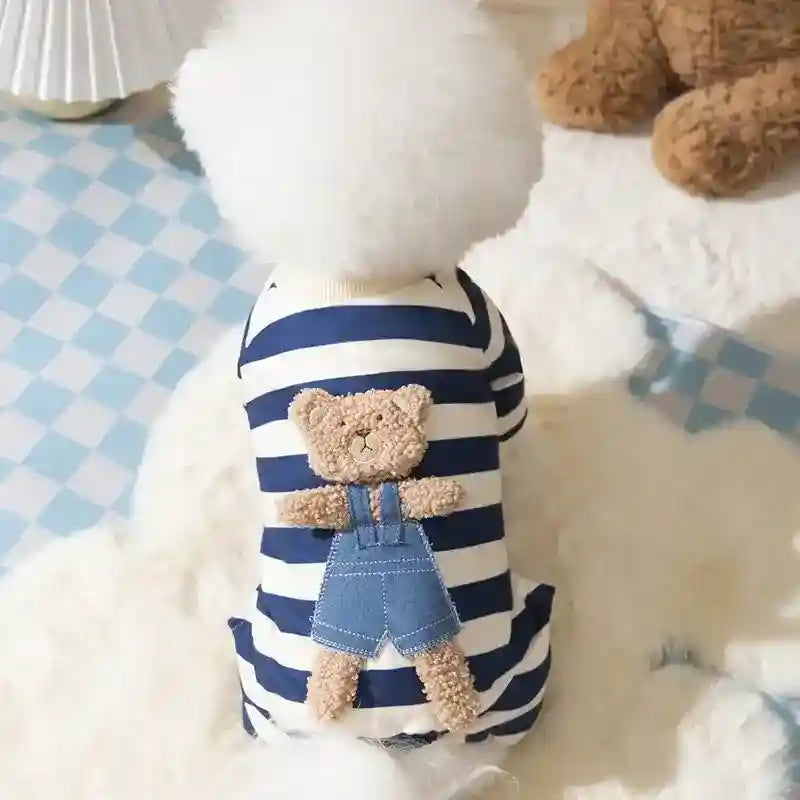 Tutina a Righe con Orsetto per Cani e Gatti - Blu/Marrone by Dog Moda