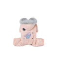 Pink dog winter jacket with hood and gray fur trim, astronaut patch and snap buttons