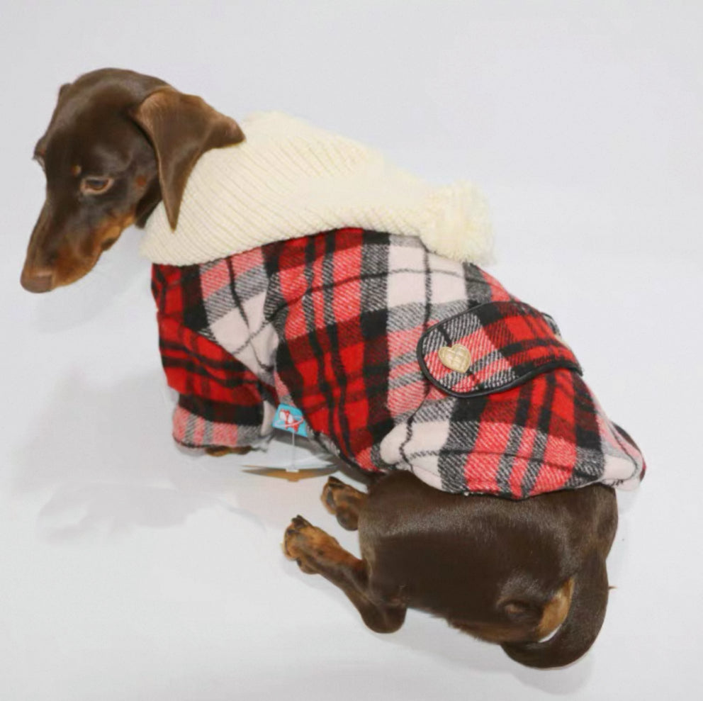 Red Plaid Dog Coat with Hood and Pom Pom