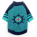 Navy and teal striped knitted dog sweater with nautical compass design and ribbed collar and cuffs