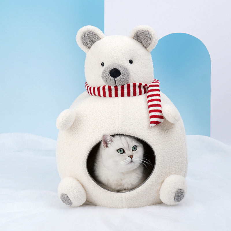 Cuccia per Gatti a Forma di Orsetto Bianco con Sciarpa e Cappello