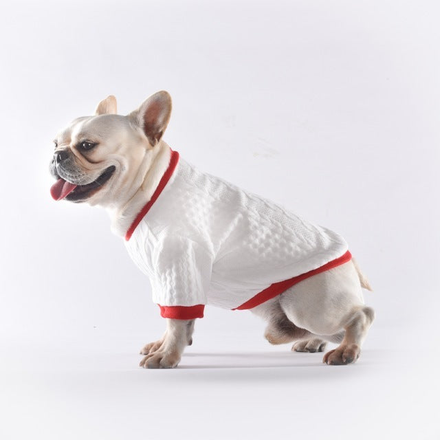 Maglioncino per Bulldog Bianco con Dettagli Rossi - Eleganza e Comfort per l'Inverno