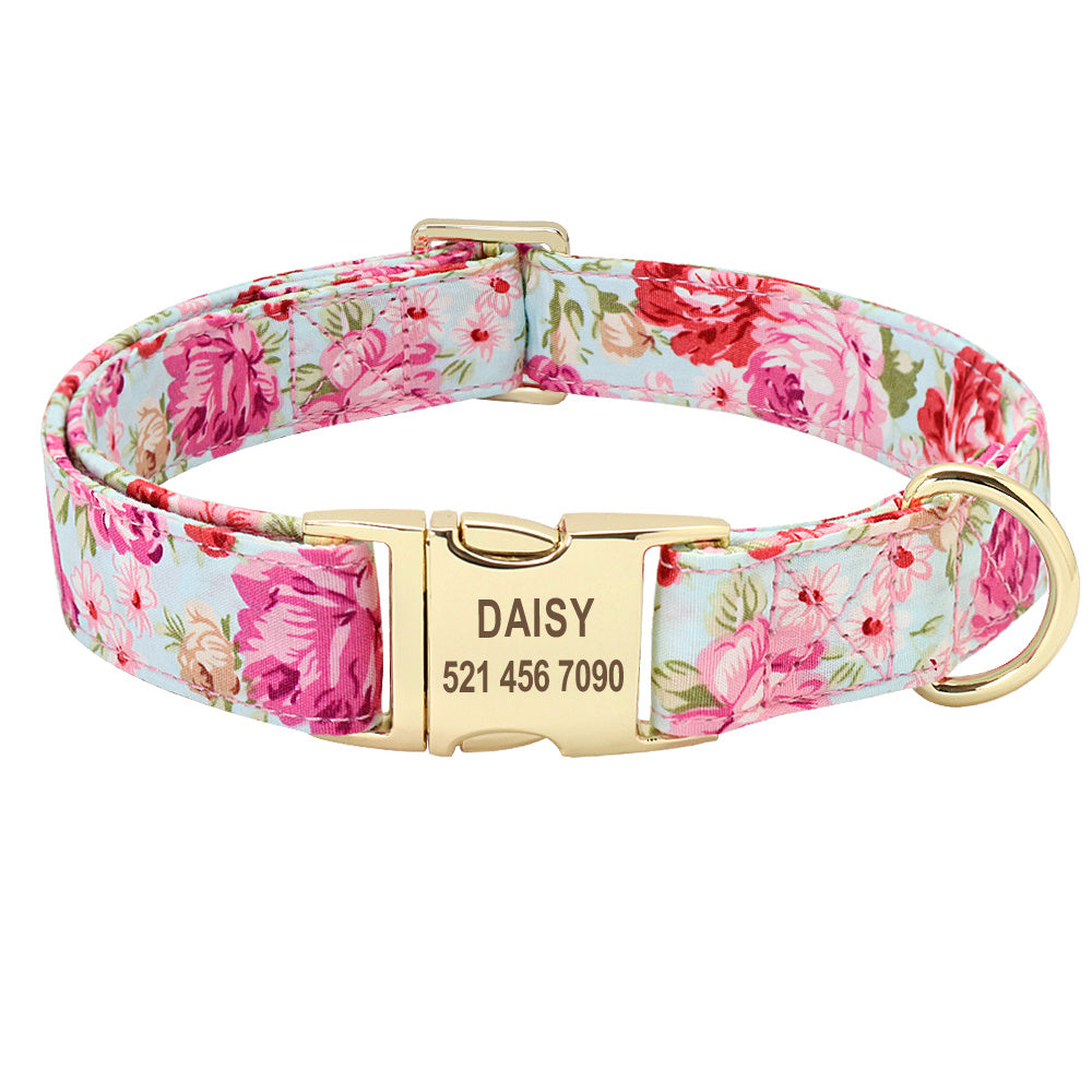 Strapazierfähiges Halsband- und Leinenset aus Nylon mit Blumenmuster und Metallkarabinerhaken – Blau und Pink