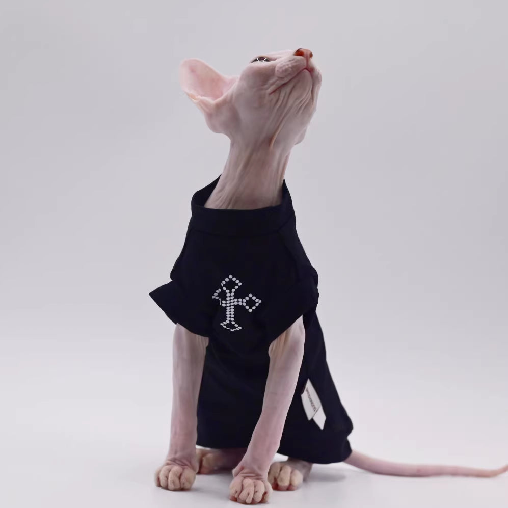 Maglia Gatto Sphynx Cotone Croce Strass Nera Elegante