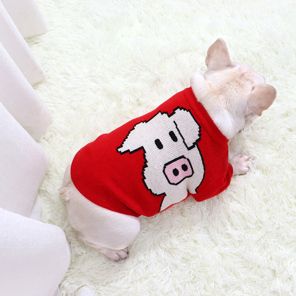 Maglioncino Rosso con Stampa Maialino per Bulldog Francese