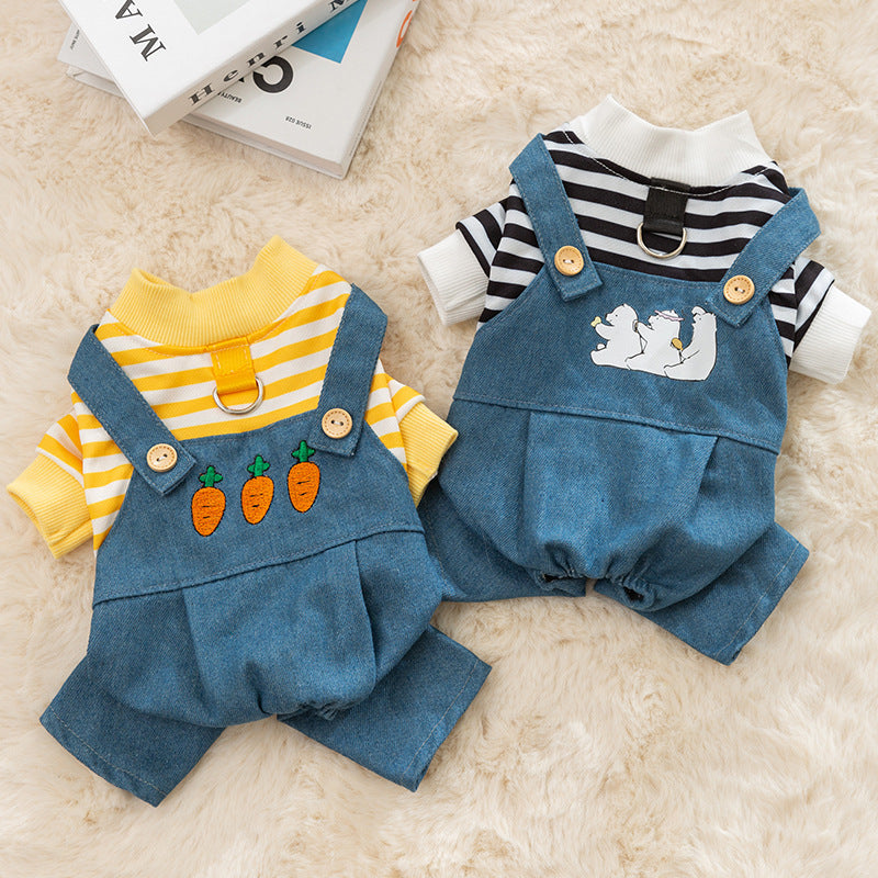 Salopette Jeans per Cani con Maglia a Righe - Tutina Cane