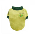 Soft green avocado-themed dog sweater with dark green collar and cuffs