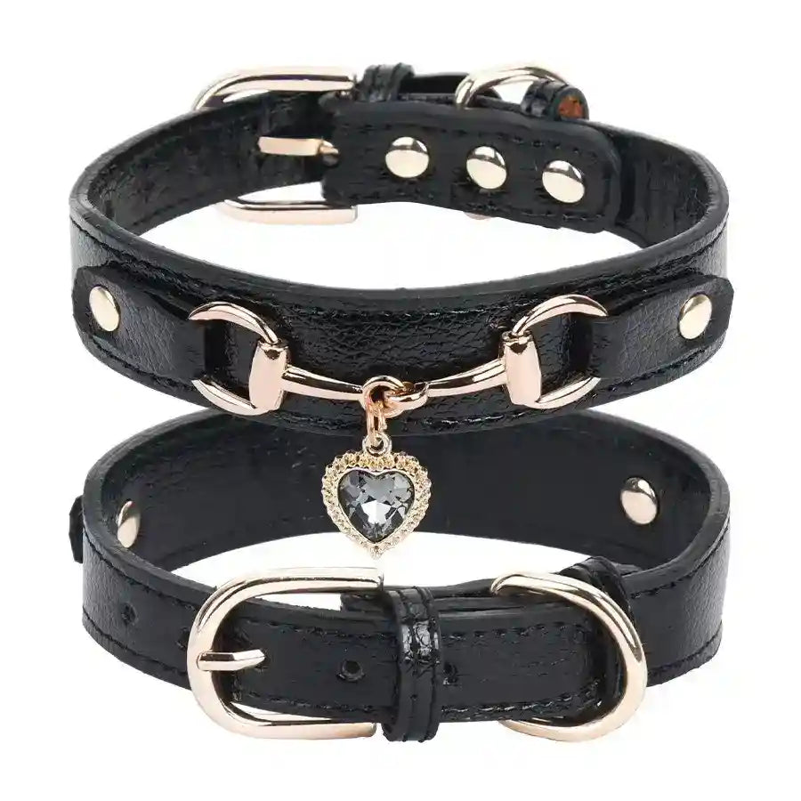 Collare Queen in Pelle con Cuore e Zirconi per Cani e Gatti by Dog Moda