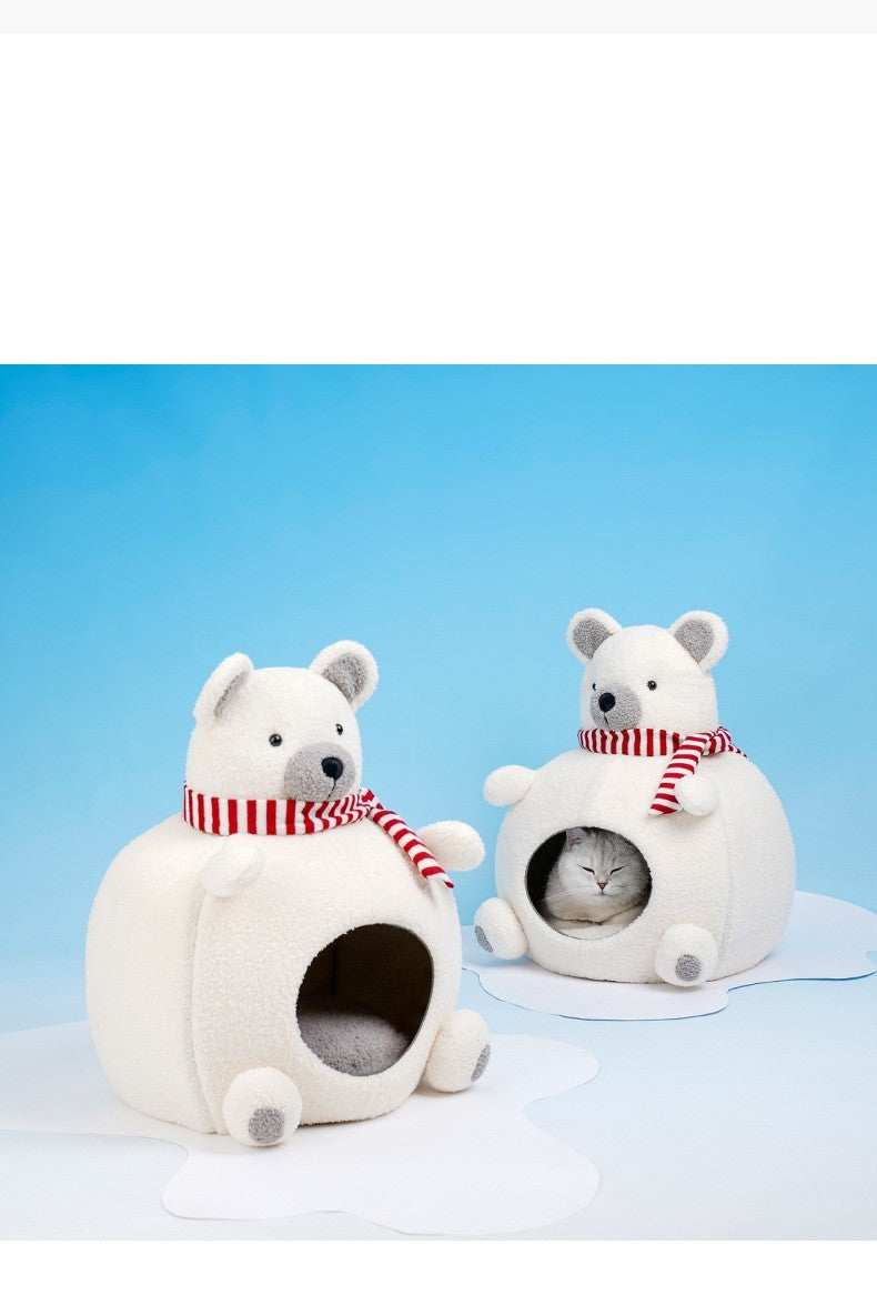 Cuccia per Gatti a Forma di Orsetto Bianco con Sciarpa e Cappello