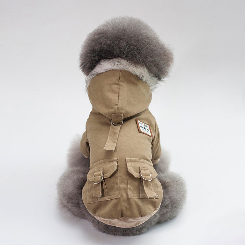 Cappotto per cani con cappuccio in pelliccia antivento