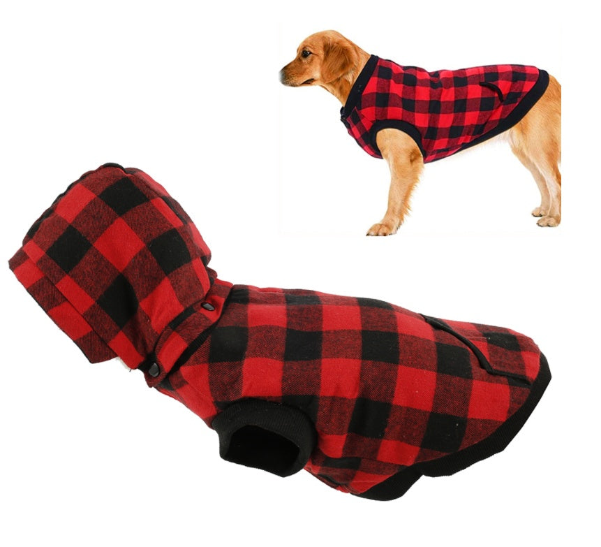 Cappottino per cani fantasia quadretti rosso-nero con cappuccio