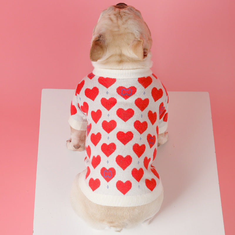 White Wool Small Dog Sweater with Red Hearts – Comfortable and Warm