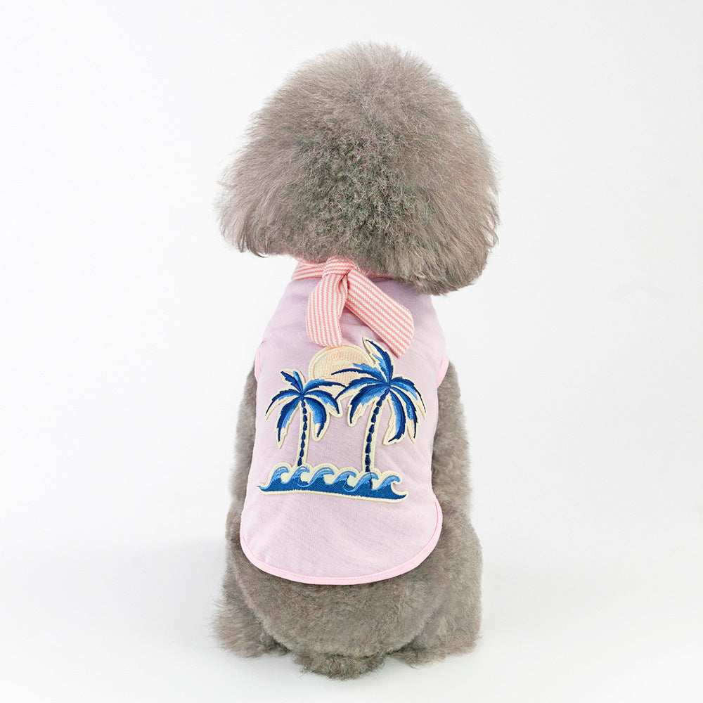 "Honolulu" Cotton Dog T-Shirt with Palm Trees and Scarf Print