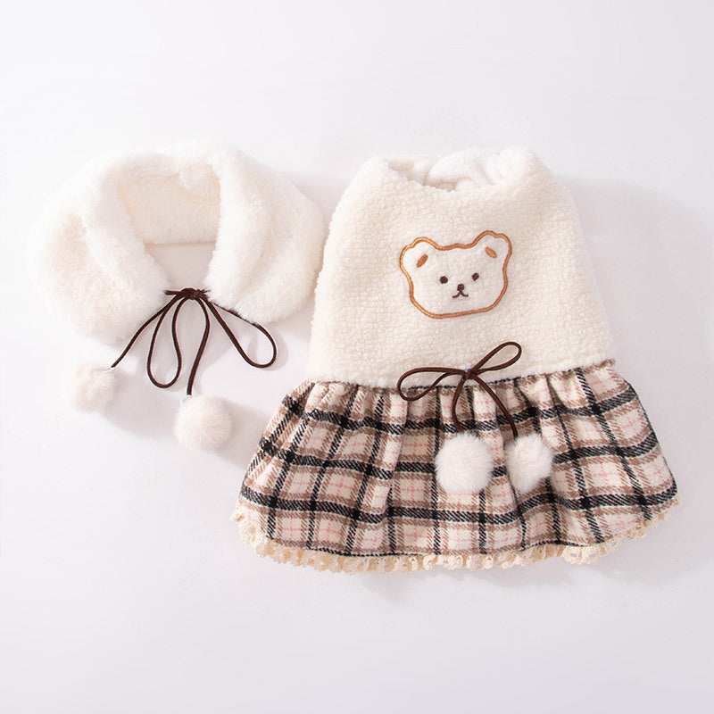 Teddy Bear Fleece Dog Dress with Scarf and Bow - Warm and Comfortable 