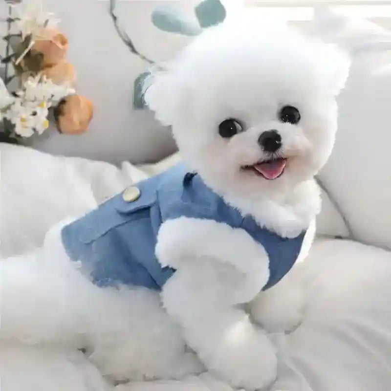 Gilet Pile Cani con Orsetto - Blu Jeans con Gancio Guinzaglio by Dog Moda