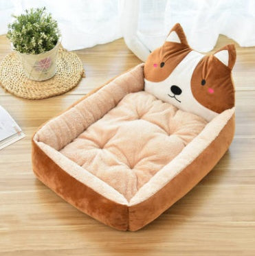 Cama rectangular para perros y gatos con respaldo de personajes animados