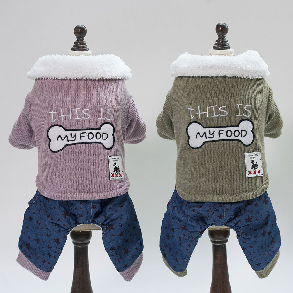 "My Food" Poodle Onesie Coat - Warm and Soft with Bone Print