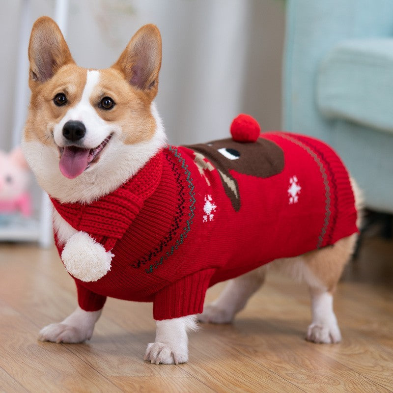 Christmas Dog Sweater with Reindeer Embroidery and Pom Pom Nose – Available in Green and Red