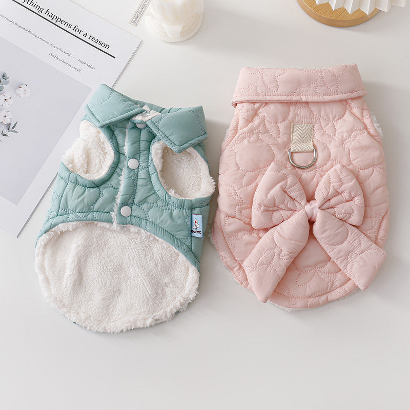 Dog Coat with Bow, Teddy Quilting and Harness Ring