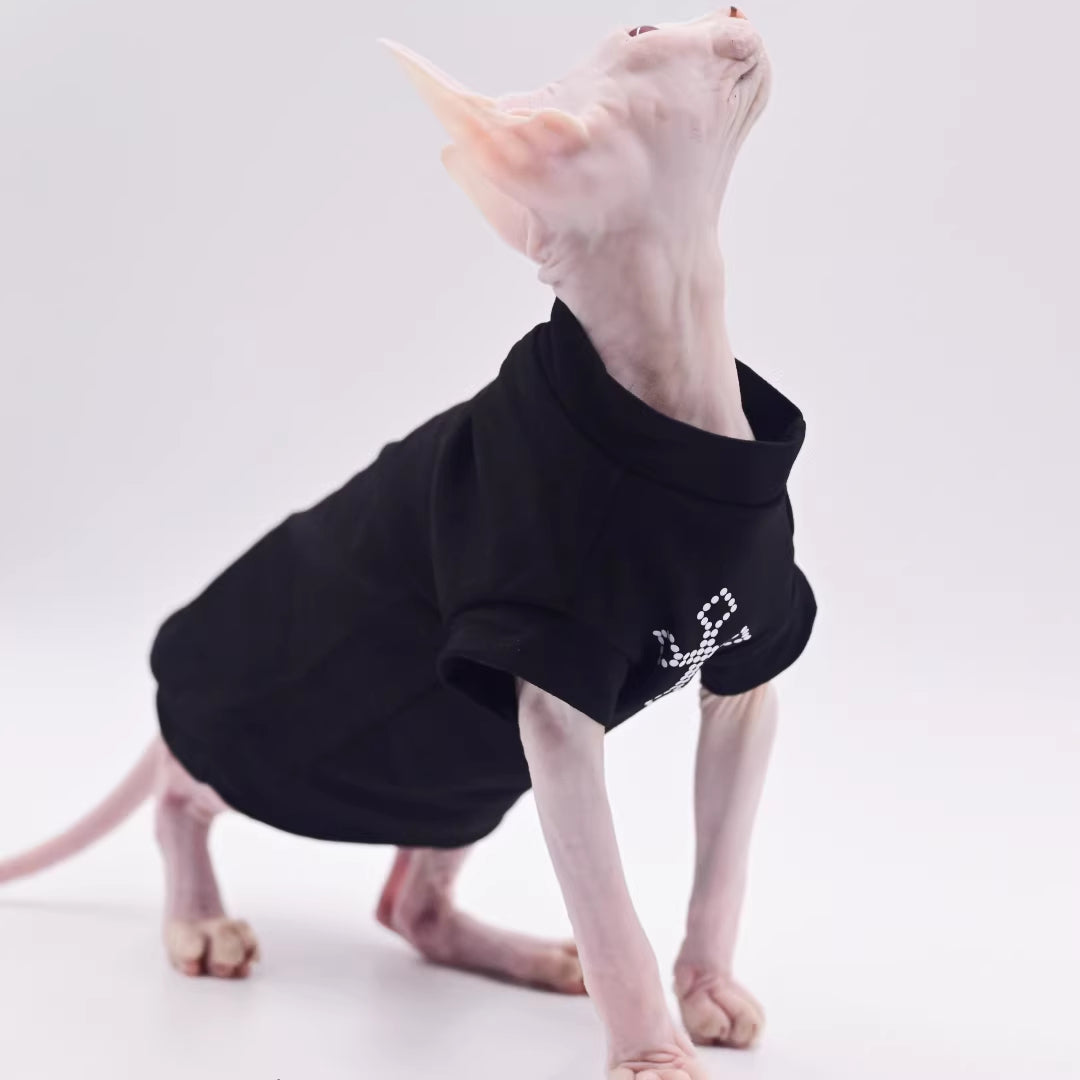Maglia Gatto Sphynx Cotone Croce Strass Nera Elegante