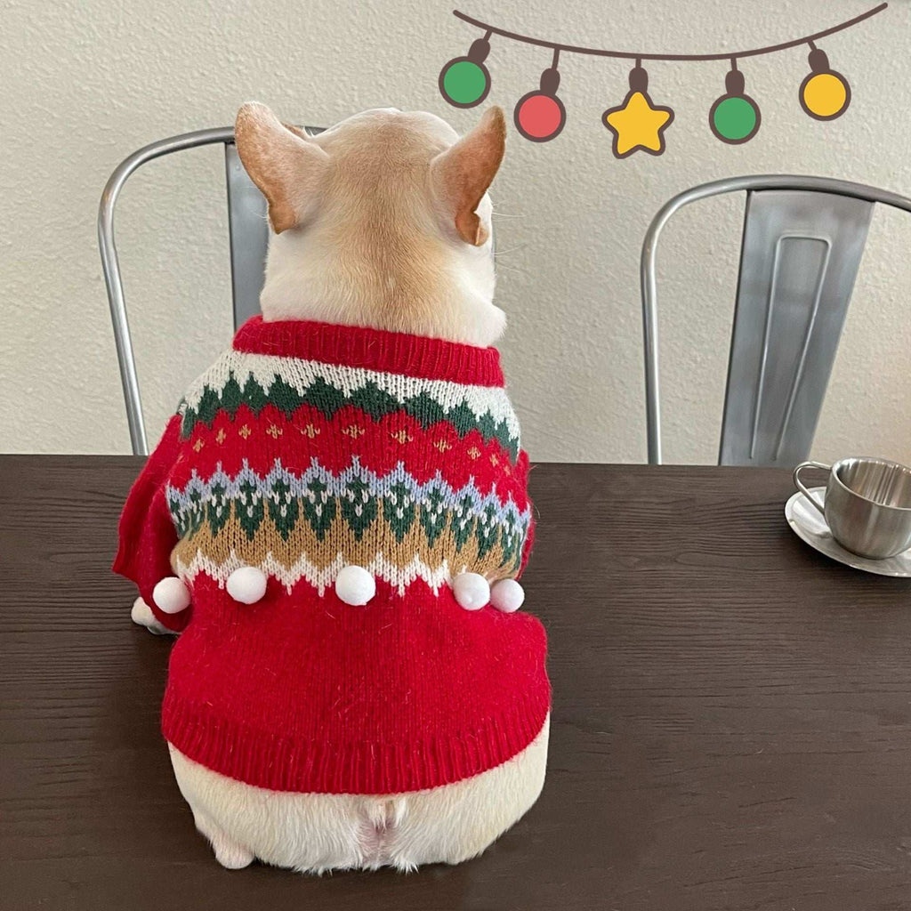 Red Dog Sweater with Christmas Embroidery and White Pom Pom
