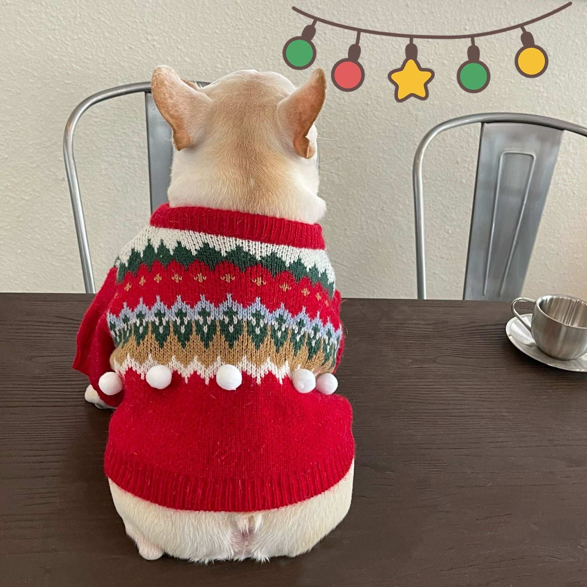 Red Dog Sweater with Christmas Embroidery and White Pom Pom