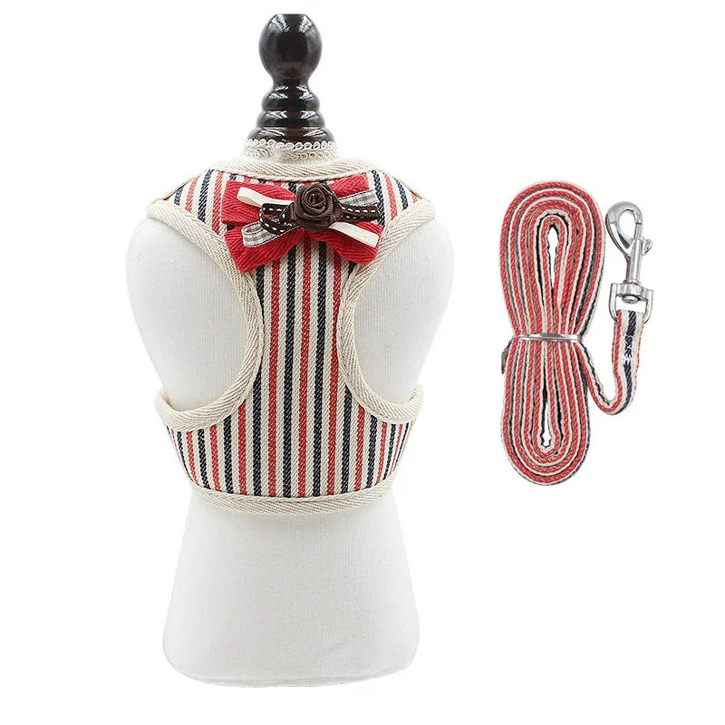 Striped Bow Dog Cat Harness - XS SML