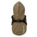 Brown dog raincoat with hood and black harness straps, Woof Woof logo on side