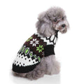 Gray poodle wearing a black, white, green, and brown knitted Christmas sweater with snowflake pattern