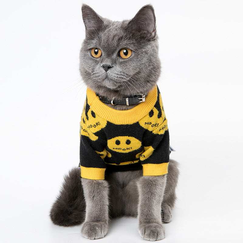 Maglione per Cani Modello Mook - Nero con Faccine Gialle Ricamate - Dog Moda