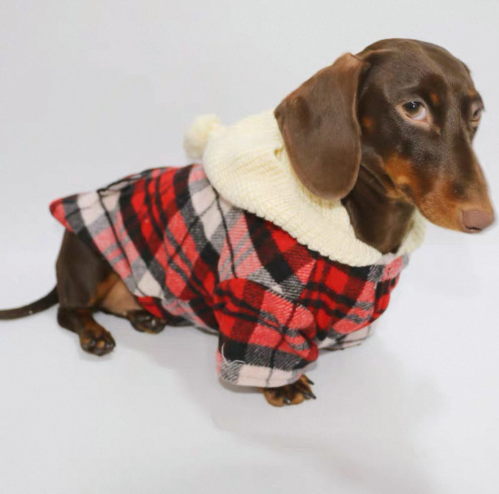 Red Plaid Dog Coat with Hood and Pom Pom