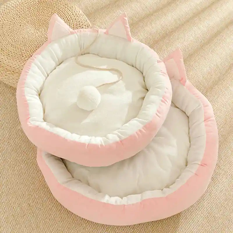 Round Cat Bed with Ears - Pom Pom Toy