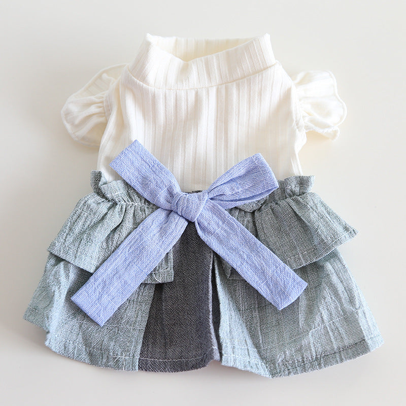 Cotton Linen Denim Blue Flounced Sleeve Skirt Pet Clothes