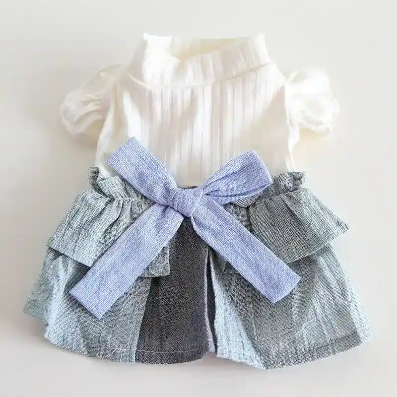 Cotton Linen Denim Blue Flounced Sleeve Skirt Pet Clothes by Dog Moda