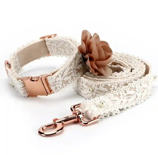 Set Collare Guinzaglio Goia Ricamato Bianco per Cani Gatti by null