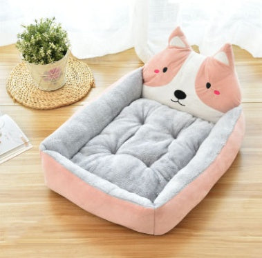 Cama rectangular para perros y gatos con respaldo de personajes animados