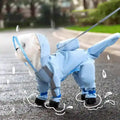 Small white dog wearing blue waterproof raincoat with hood and paw covers on wet pavement