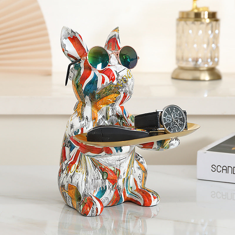 Statua Bulldog Francese in Ceramica con Piatto e Salvadanaio