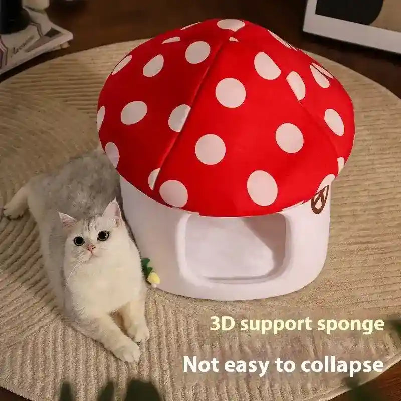 取り外し可能なクッション付き赤いキノコ型猫用ベッド