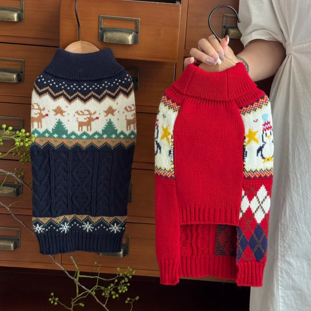 Maglione Intrecciato per Cani e Gatti - Renna e Pinguini