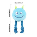 Blue plush monster dog toy with green horns and rope legs, 10x11x9 cm size