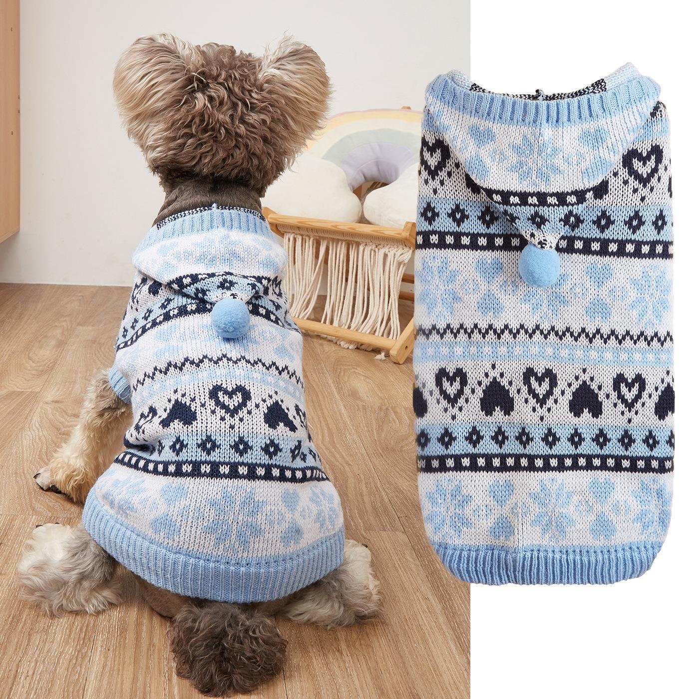 Dog Sweater with Hood and Pom Pom | Heart Pattern 