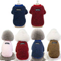 Small dogs wearing colorful DaDaGou brand fleece jackets in navy, red, pink, and brown colors
