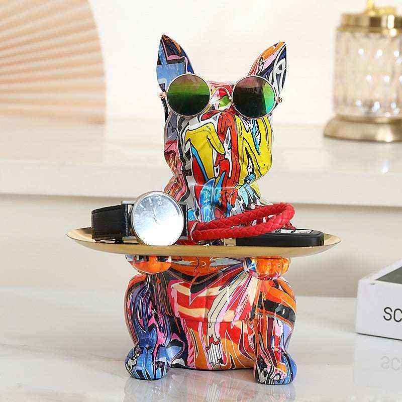Statua Bulldog Francese in Ceramica con Piatto e Salvadanaio