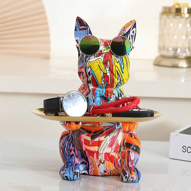 Statua Bulldog Francese in Ceramica con Piatto e Salvadanaio