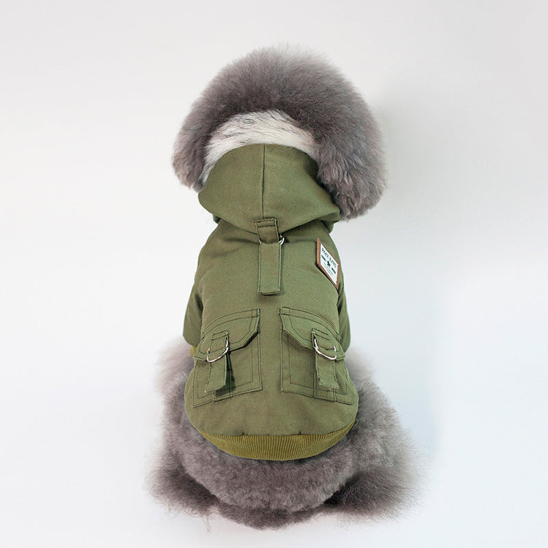 Cappotto per cani con cappuccio in pelliccia antivento