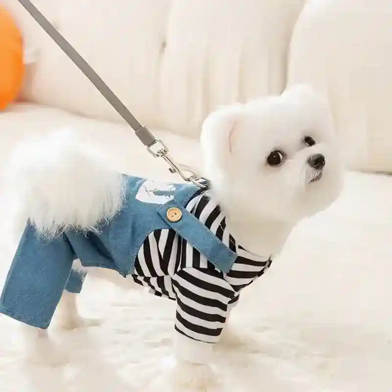 Salopette Jeans per Cani con Maglia a Righe - Tutina Cane by Dog Moda
