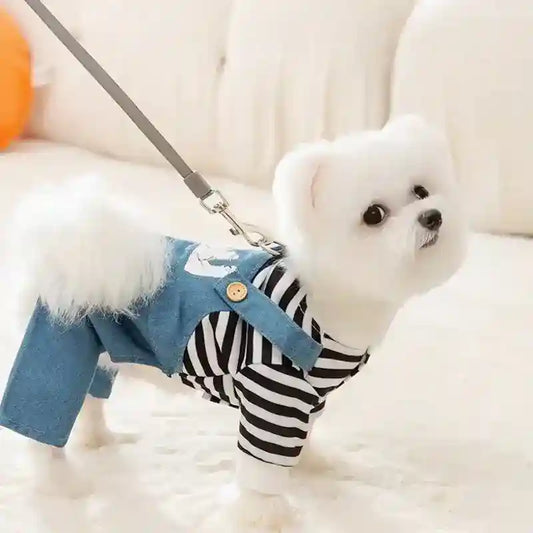 Salopette Jeans per Cani con Maglia a Righe - Tutina Cane by Dog Moda