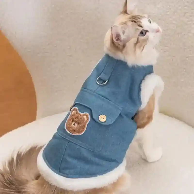 Gilet Pile Cani con Orsetto - Blu Jeans con Gancio Guinzaglio by Dog Moda